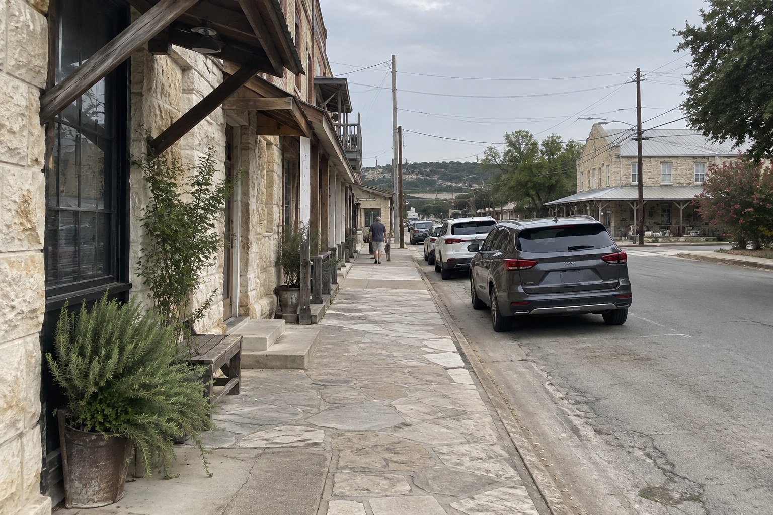Historic limestone storefronts along Main Street in Fredericksburg, TX