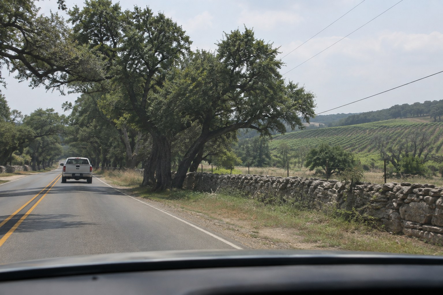 Country road past vineyards and stone walls in the Texas Hill Country wine region