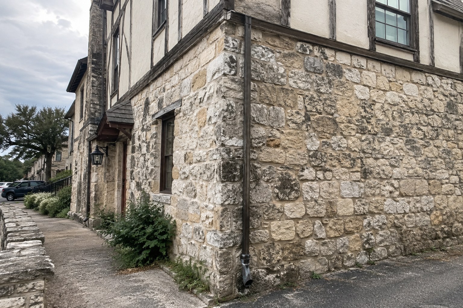 Fachwerk half-timbered limestone building in the Fredericksburg historic district