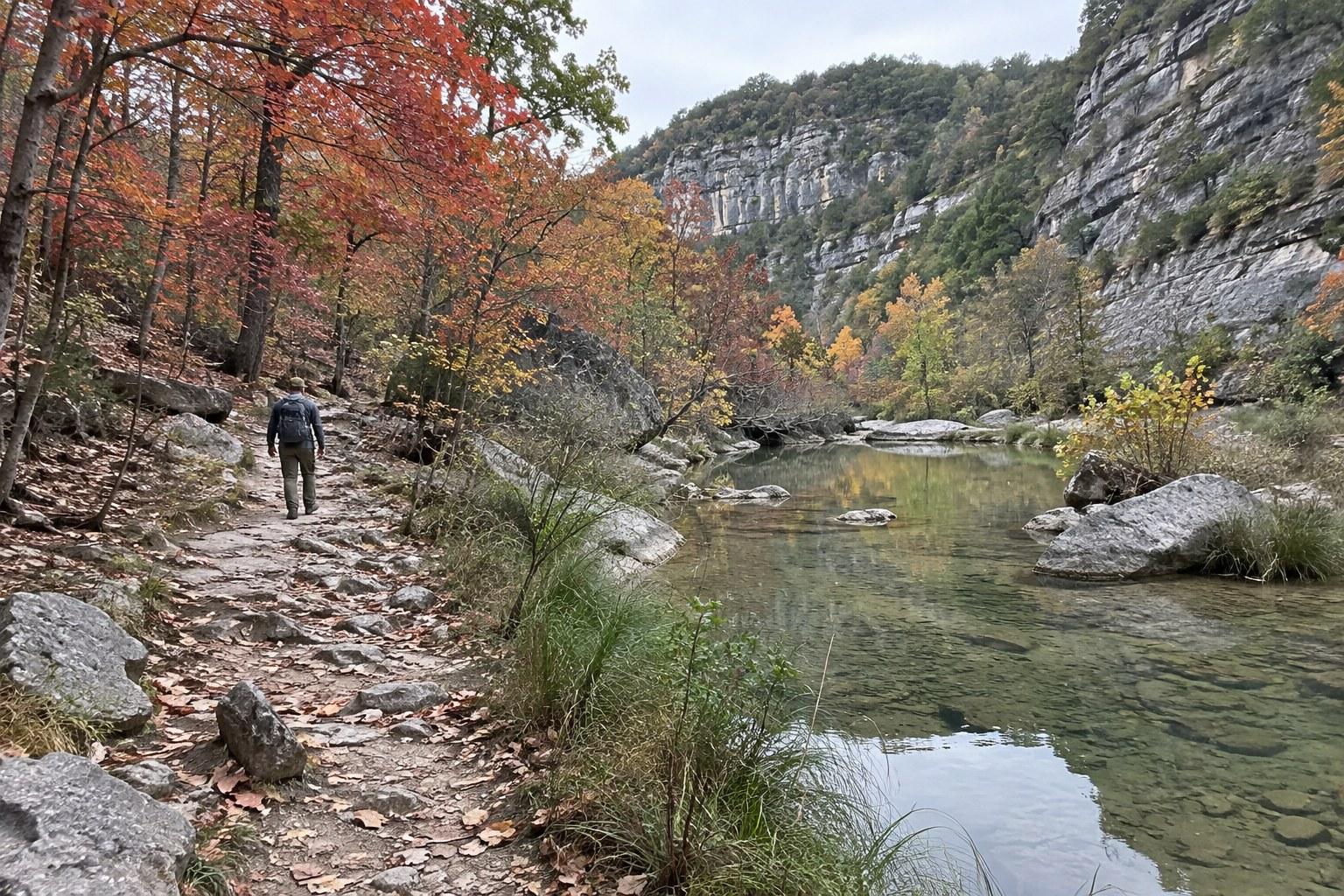 Hiker on a creekside trail under fall maples at Lost Maples State Natural Area
