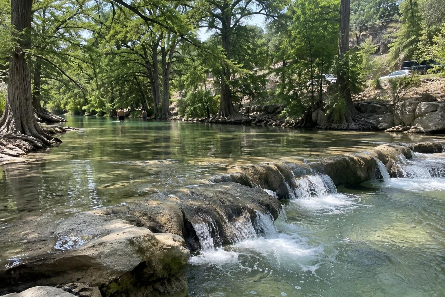 Small waterfalls and cypress trees along a clear river at a Texas Hill Country state park