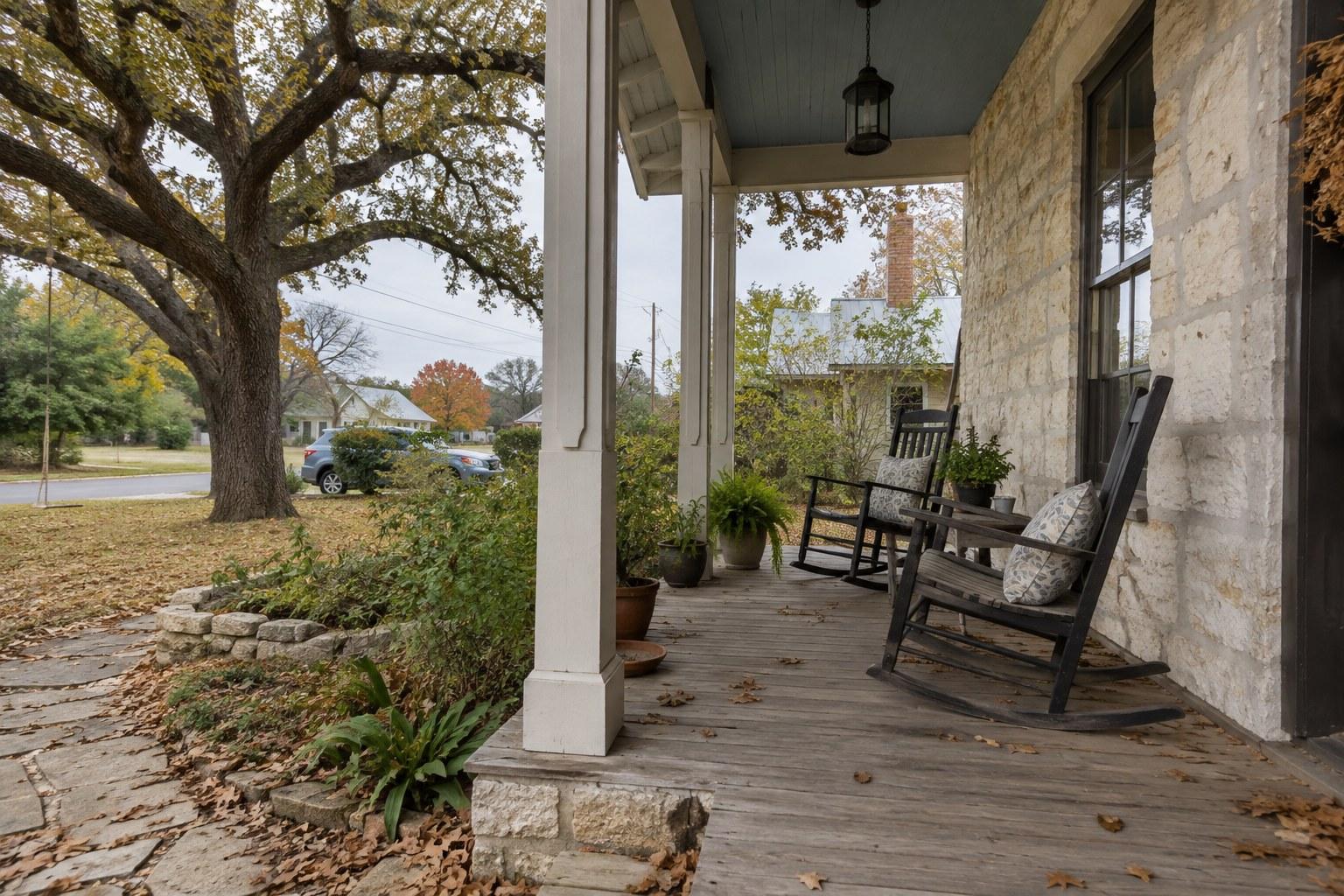 Stone cottage porch with rocking chairs and fall leaves in Fredericksburg, TX