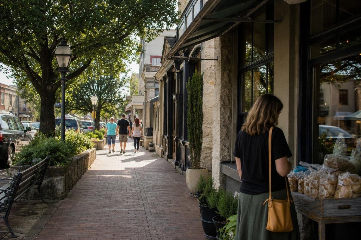 Main Street Fredericksburg Texas on a Hill Country road trip morning